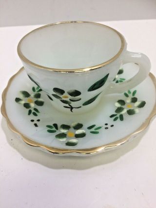 Rare Vintage Anchor Hocking Gay Fad Painted Fire King Demitasse Cup & Saucer