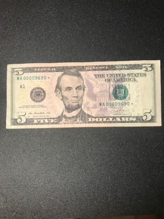 5 Dollar Bill 2013 Star Note (rare) Low Serial Number First 10000 Ma00009690