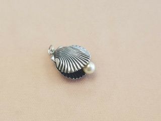 Rare Vintage Sterling Silver Clam Shell With Pearl Charm Pendant