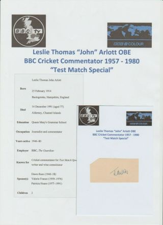 John Arlott Bbc Cricket Commentator Test Match Special Rare Autograph