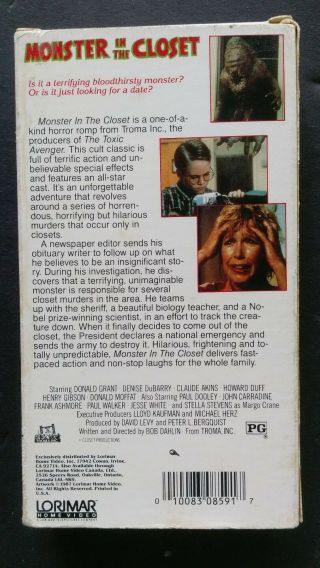 Monster In The Closet (VHS 1987,  Troma Team,  LORIMAR) Donald Grant RARE 3