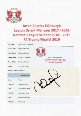 Justin Edinburgh Leyton Orient Manager 2017 - 2019 Rare Autograph Card