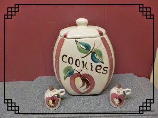 Rare Vintage Purinton Pottery Cookie Jar W/ Tulip Pattern With S & P Shakers
