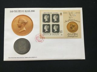 1990 Isle Of Man Penny Black One Crown Coin First Day Cover Fdc Rare