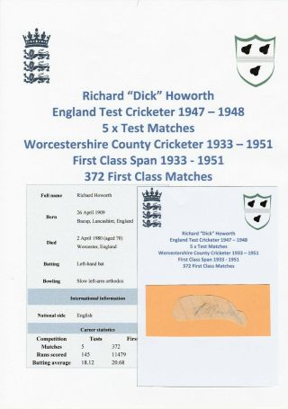 Dick Howorth England Test Cricketer 1947 - 1948 Rare Autograph