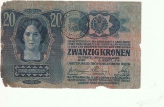 Rare Old Romania Romanian Hungary Austria Banknote 20 Kronen 1913