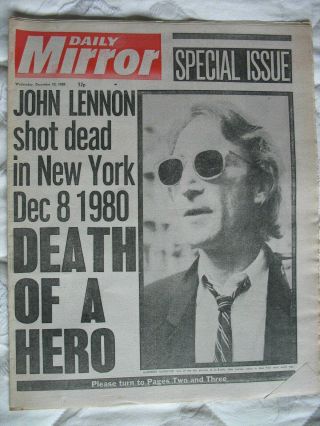 Daily Mirror Newspaper.  John Lennon Death.  Dec 10th 1980.  Beatles.  Rare