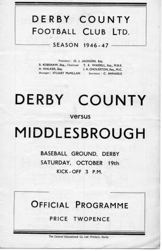 Rare Derby County V Middlesbrough Prog 19/10/46 League 1946/47