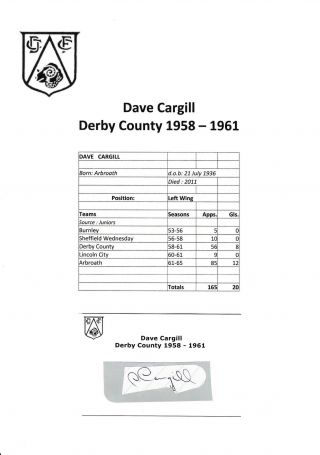 Dave Cargill Derby County 1958 - 1961 Rare Signed Cutting/card