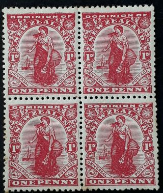 Rare 1901 Zealand Block Of 4 X 1d Carmine Zealandia Stamps Print Error