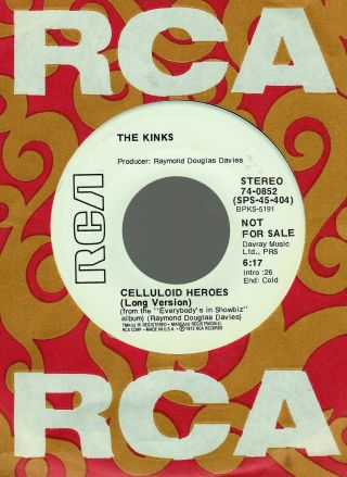 Kinks Celluloid Heros 1972 Rca Wlp Promo Long/short Stereo/mono Rare