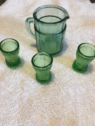 Rare Lovely Children’s Glassware Pitcher (tea For Three) Set Translucent Green