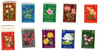 1953 Macau Portugual (prc China) Flowers Flora Set Of 8 Vf $140cat Rare No=rsv