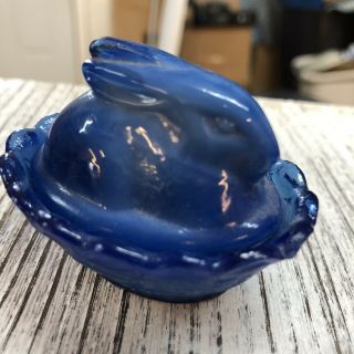 Rare Adorable Miniature Vintage Cobalt Blue Carnival Glass Bunny Roasting Dish