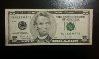 2003 $5 Dollar Bill.  Federal Reserve Note.  San Francisco Dl42283877b.  Meet Rare.