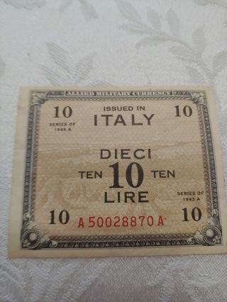 Italy 1943a Allied Military Wwii Currency 10 Lire Note - Rare Uncirculated Cond
