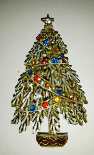 Rare Vintage Signed Art Enamel Colors Rhinestones Christmas Tree Brooch Pin