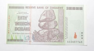 Rare 2008 50 Trillion Dollar - Zimbabwe - Uncirculated Note - 100 Series 290