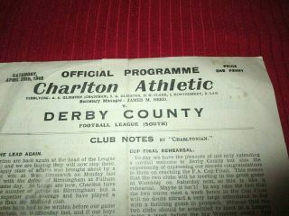 Charlton Athletic V Derby County 1946 Single Sheet Official Programme,  Very Rare