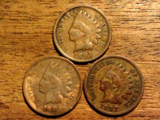 3 Indian Head Penny Cent Antique Rare Us Scarce Coin 1897,  1906,  1907 169c