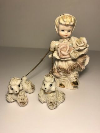 Rare Vintage Royal Sealy Japan Girl With Flowers Walking Two Poodles Chain Leash