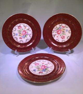 3 Paden City Pottery Bread Plates Red/gold Trim Rose Pattern Vtg Rare