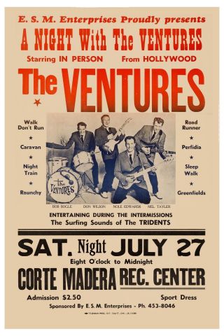 Surf: The Ventures At Hollywood Ca.  Rare Concert Poster 1963 13x19