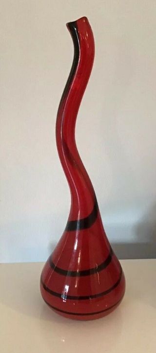 Murano - Red Glass Very Tall Vase With Black Swirls Unusual And Rare