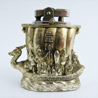 Rare Vintage Chinese White Metal Table Lighter,  Eight Immortals In A Boat.