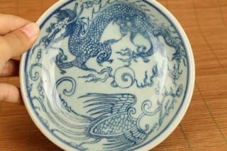 Rare Old Blue And White Porcelain Painting Dragon Phoenix Plate Home Deco
