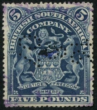 Rhodesia Sg 92 1898 £5 Deep Blue Spacefiller Perfin Rare Cat £2500.  00