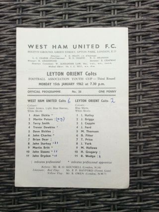 West Ham United Colts V Leyton Orient 15.  01.  1962 Rare One Pager Youth Cup 2nd 1