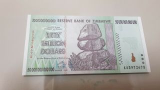 Zimbabwe 50 Trillion Dollar 2008 Unc First Prefix Aa Rare