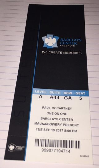 Paul Mccartney Concert Ticket Stub Rare Suite Barclays 9/19 Beatles