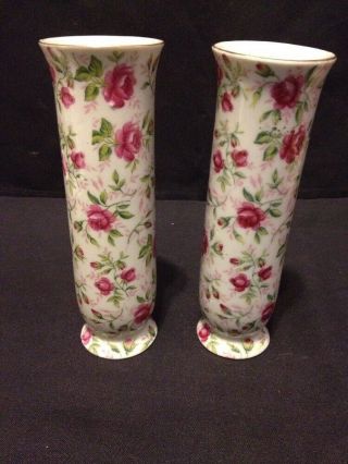 Set Of 2 Vintage Rare Lefton China Pink Red Roses Bud Vase Porcelain Gold Trim