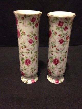 Set Of 2 Vintage Rare Lefton China Pink Red Roses Bud Vase Porcelain Gold Trim 2
