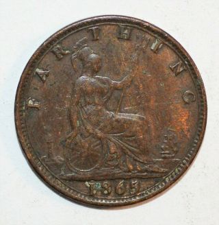 1865 Great Britain Victoria One Farthing Rare Au Fine Details Coin A,