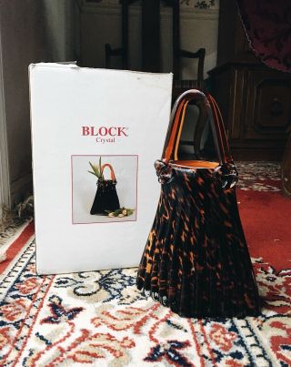 Vintage Block Crystal Hand Blown Leopard Julia Glass Handbag Purse Vase Rare