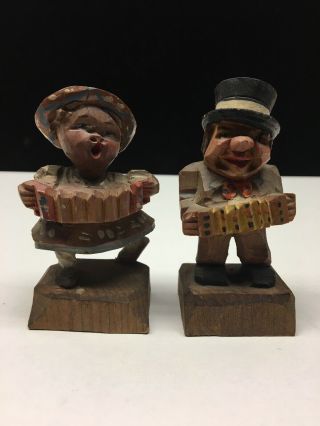 Rare Vintage Italian Accordion Players.  Hand Carved And Hand Painted Folk Art.