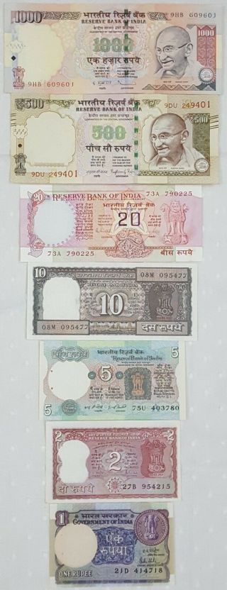 " Set Of 7 " All Different India Old Issue Bank Note In Unc.  Rare. .