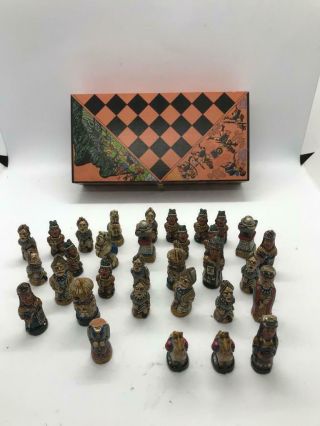 Vintage Chess Set,  Spanish Conquistadors Inca Indian,  With Board And Case Rare