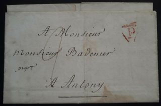 Rare 1818 France Folded Letter Sent From Paris To Antony " P " Paid Strike