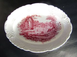 Rare Antique English Abbey China Red Transfer Print 11 5/8 " X 8 1/4 " Oval Plate
