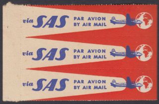 Sweden Denmark 1948 Sas Rare Par Avion 3 Airmail Etiquettes