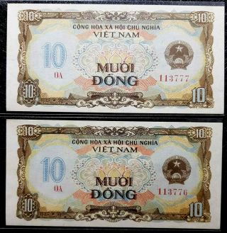 1980 Vietnam 10 Dong Banknote Consecutive 2pc Unc Rare (, 1 B.  Note) D7164