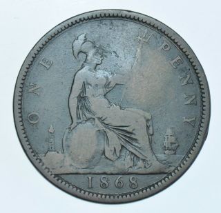 Rare 1868 Penny British Coin From Victoria Gf/f [r8]