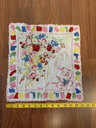 Vintage 1950s Rare Hankie Hankercheif With United States Map And State Flowers