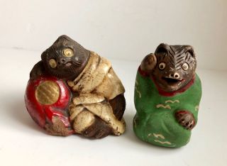 Japanese Vintage Tanuki Raccoon Dog Statue Clay Figurine Rare Japan T4