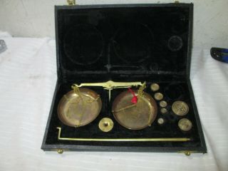 Rare Vintage Antique Jewelry Brass Cased Scale Set With Weights.