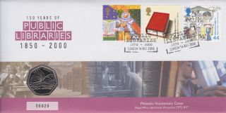Gb Stamps First Day Cover 2000 Public Libraries & Rare Uncirculated 50p Coin